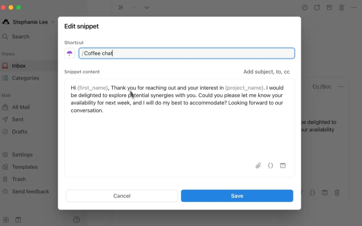 Notion Mail snippets