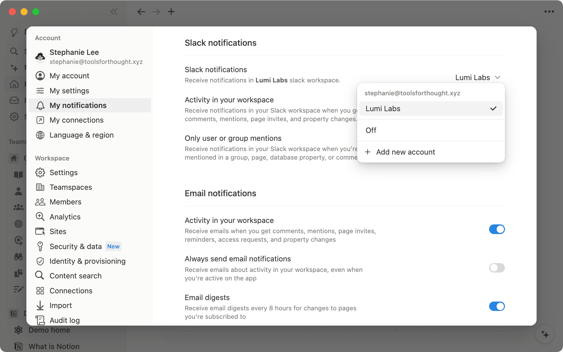 Navigate to 'My notifications' in the left sidebar to turn on Slack notifications.