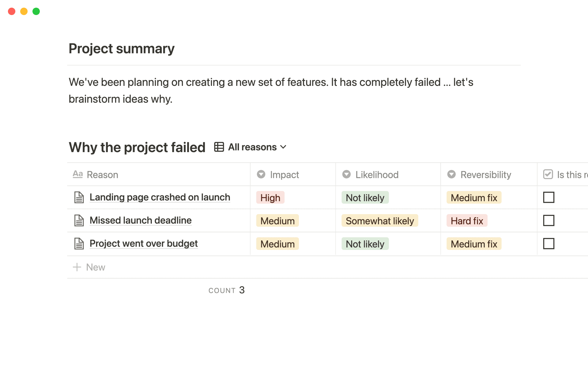 Categorize each potential failure point by impact, likelihood, and reversibility.