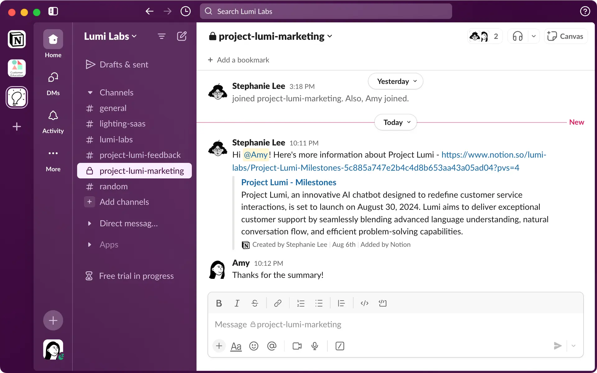 Notion URLs shared in Slack unfurl to provide a helpful summary.