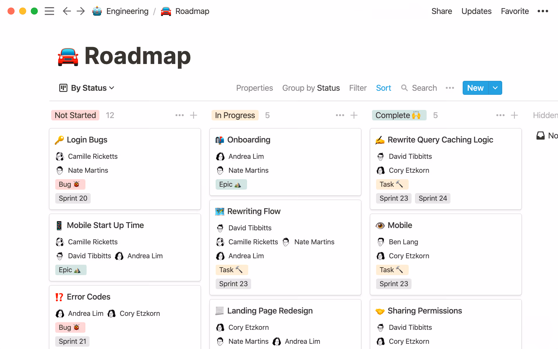 A Notion roadmap board filters tasks by status into “Not Started,” “In Progress,” and “Complete” columns with assignees and labels